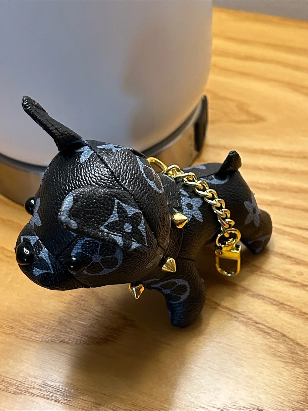 Designer-Style Black and Gray Dog Keychain with Gold Chain